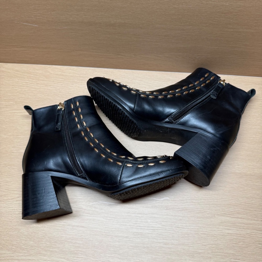Kelsi Dagger Brooklyn Black Leather Studded Ankle Boots 7.5 Block Heel Booties - Picture 5 of 8